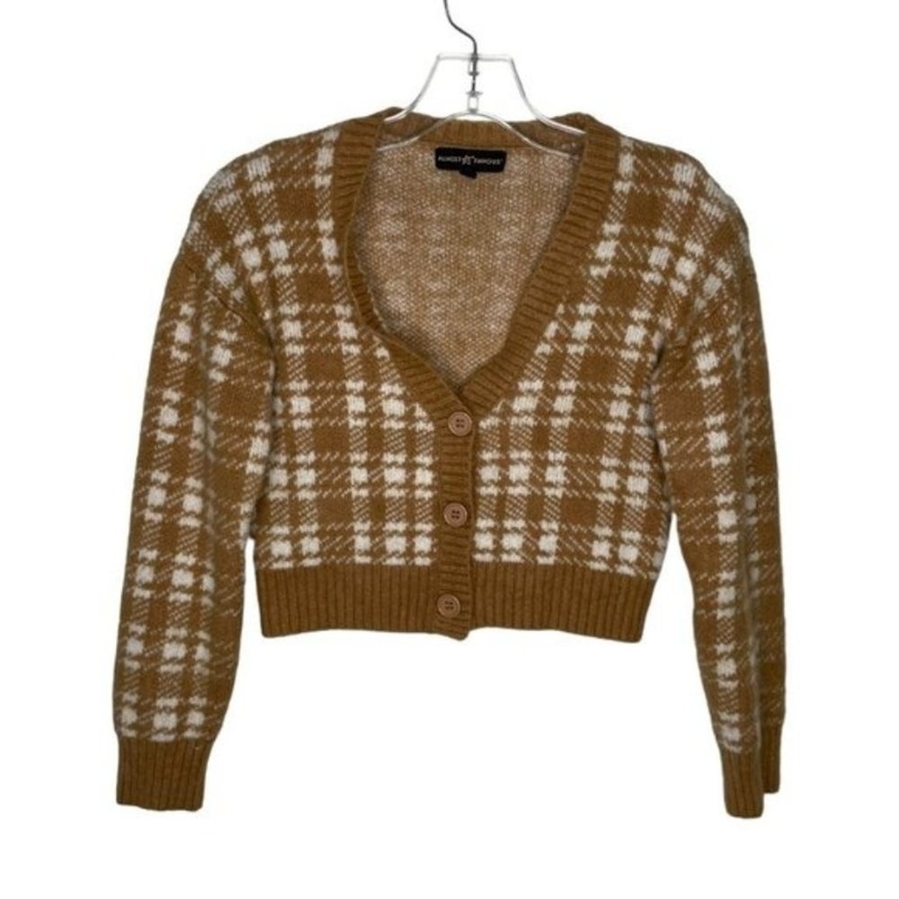 Almost Famous Brown White Plaid Cropped Cardigan Sweater Small V-Neck